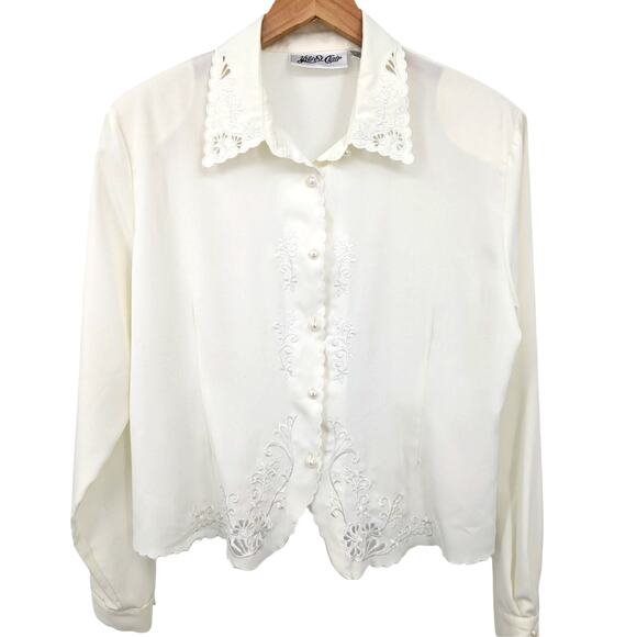 VTG 80s Sz L Lace Embroidered Floral Long Sleeve Blouse Romantic Feminine Detail - Picture 1 of 5